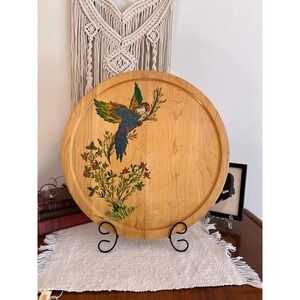 Hand-Painted Round Wood Serving Tray Macaw Parrot Floral Mid-Century  (3996)